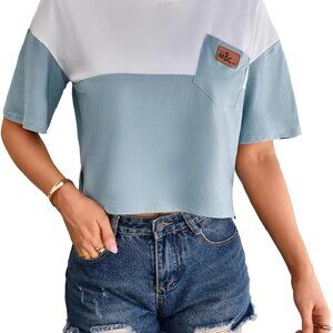Women's Color Block Half Sleeve High Low Casual T-Shirt Top Small